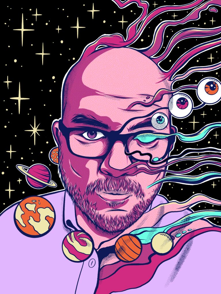 An author portrait of Alexander New, made in a psychedelic style